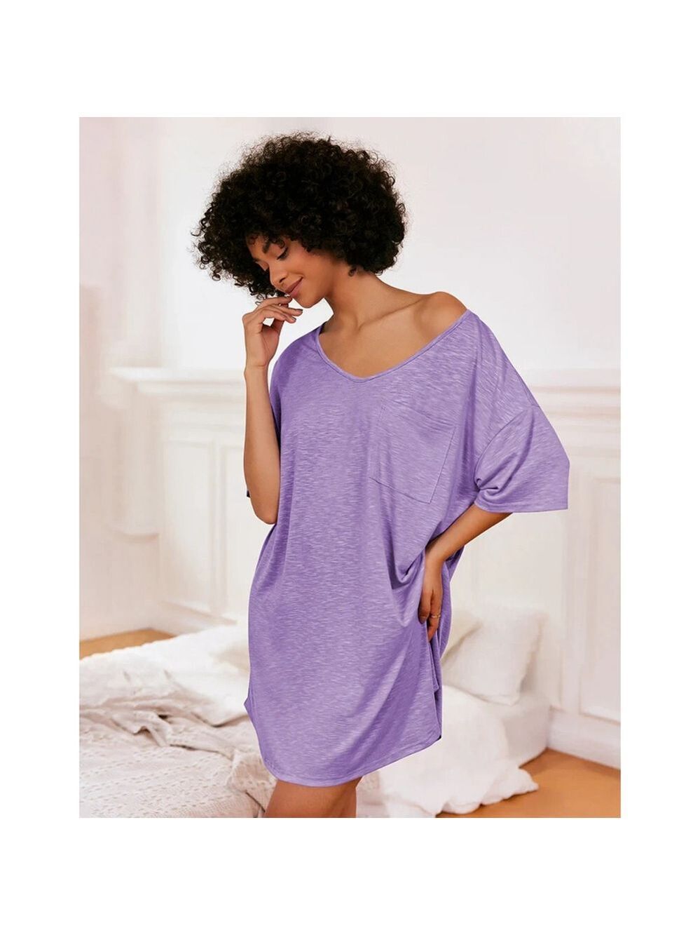 Ekouaer Casual V Neck T-shirt Nightgown in Light Purple Size S